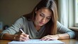 © AiGalaxy - Young woman studying and writing notes at a table in a cozy indoor setting during daytime