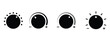 © Charles stockio - Volume control knobs icons set. black round turning switches, knob switches high to low volume speed controller set in black and white color. vector illustration.