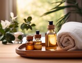 bamboo tray with essential oil bottles and towel in spa room