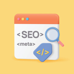 Aufkleber - Modern 3D style browser window with SEO and meta tags, magnifying glass and code symbol, perfect for digital marketing, web development, and search optimization vector illustration