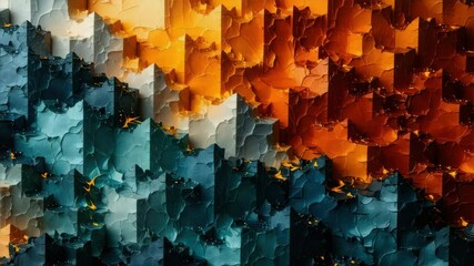 Poster - Abstract geometric pattern with textured blocks in vibrant blue, white, yellow and orange hues, creating a visually dynamic, layered effect.