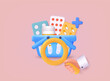 Searching medicaments. 3d shopping cart with different pills for first help. Medicine collection concept.3D Web Vector Illustrations.