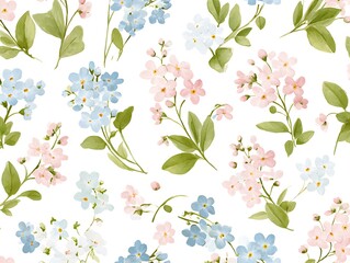 Poster - pastel blue, pastel pink and pastel green watercolor forget me not pattern on a white background, elegant vintage florals