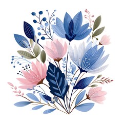 Poster - Vector illustration of whimsical spring wildflowers and leaves in pastel colors, arranged in a loose bouquet, 