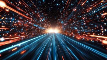 Poster - Dynamic light trails in hyperspace digital art futuristic environment high-speed perspective conceptual visualization
