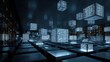 © Auraclicks - Business background featuring quantum computing server room glowing qubit cubes floating mathematical patterns futuristic business analytics grid no people