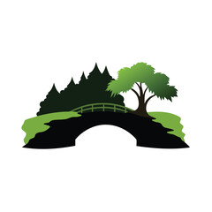 Wall Mural - Tropical island forest landscape vector illustration with trees and colorful summer flowers