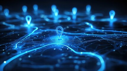 Poster - A futuristic digital map with glowing blue location pins connected by luminous lines on a dark background.