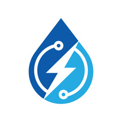 Poster - The image shows a flat logo design of a water drop shape with a flash icon in it and a circular node lines in blue color that looks clean and modern on a white background