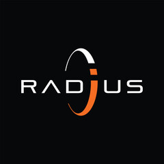 Poster - The image shows a flat wordmark logo design of the word RADIUS in orange and white color with an orbit shape encircled letter I that looks clean and modern on a black background