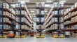 © Ipramana - Modern warehouse interior with high-bay racking systems, filled with numerous cardboard boxes and two forklifts operating.