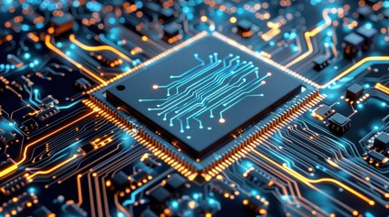 Poster - Digital data and circuits around a computer chip stock photo --ar 16:9 --raw --v 6 Job ID: ac0d120b-5058-4aac-987c-d41481046a49