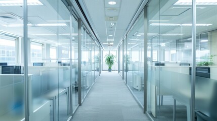 Poster - Empty office with cubicles and glass partitions stock photo --ar 16:9 --raw --v 6 Job ID: bd7f96ea-2c35-431c-bcd9-2d7b47e706d4