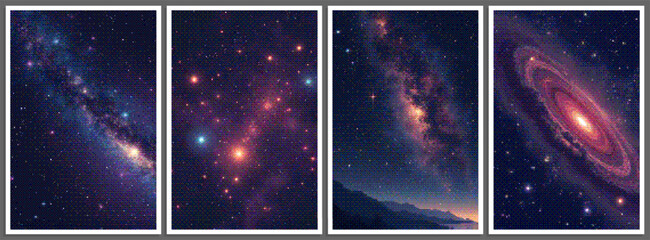 Wall Mural - set of pixelated posters with futuristic deep space scene in pixel art style with dithering effect. 
