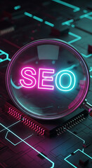 Poster - Neon seo concept illuminated within a magnifying glass on a futuristic circuit board