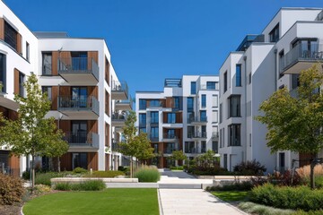 Aufkleber - White modern apartment buildings with balconies and large windows, surrounded by a green lawn and trees, under a clear blue sky