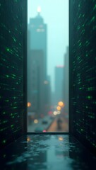 rainy city view from a futuristic room with green digital code walls