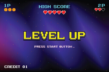 Aufkleber - LEVEL UP icon pixel art. 8 bit game. retro game. Retro Futurism Sci-Fi Background. glowing neon grid. and stars from vintage arcade computer games
