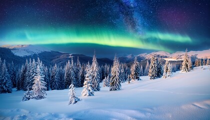 Wall Mural - fairy winter mountains with snowy fir trees and incredible northern lights in starry sky christmas nightscape with polar lights aurora borealis