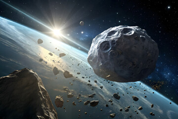 asteroid floating in space with bright light