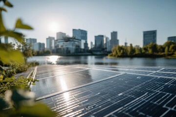 Aufkleber - Solar panels are generating clean energy with a cityscape and bright sunlight in the background