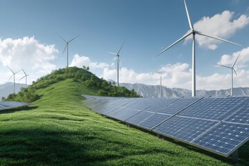 Aufkleber - Solar panels are installed on a grassy hillside with wind turbines generating clean energy in the background, representing sustainable energy production