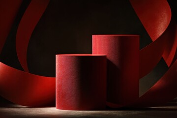 Poster - Two red cylindrical podiums stand on a dark background, illuminated by dramatic lighting and surrounded by flowing ribbons, creating a luxurious and elegant atmosphere