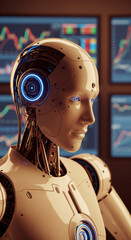 Poster - Close-up of robotic head, beige and white, with visible internal mechanics and glowing blue accents, against blurred financial charts background, symbolizing AI in finance