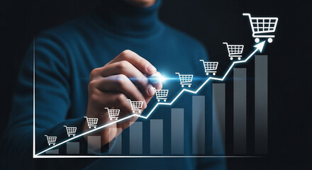 Poster - A person drawing a rising graph with shopping cart icons on a dark background with bars below it