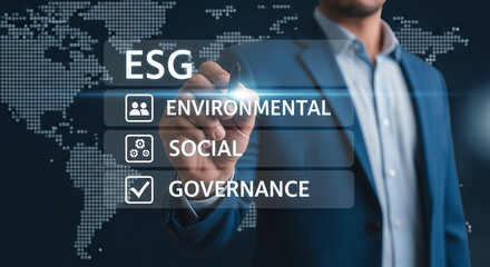 Poster - Man in suit pointing at esg factors environmental social governance on world map background display
