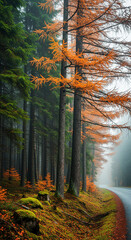 Poster - Misty autumn forest scene with orange and green trees bordering a road, showcasing fall colors and tranquil atmosphere