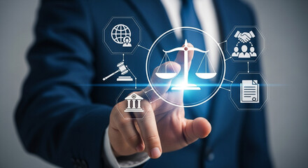 Poster - A person in a suit touching a digital display of legal icons and scales of justice symbol