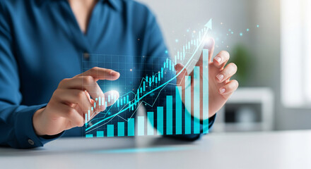 Poster - Hands interacting with a holographic projection of an upward trending bar graph, symbolizing growth, success, and financial progress in business