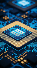 Poster - Close-up of gold processor pins on dark blue circuit board, showcasing technological advancement and precision engineering, ideal for tech or innovation concepts
