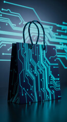 Poster - Dark shopping bag with teal circuit board design, against a teal circuit background, showcasing online shopping and digital technology