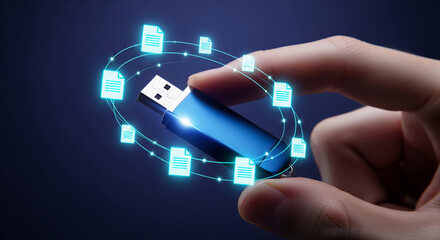 Poster - Blue USB drive held by finger, encircled by glowing document icons, illustrating digital data storage and transfer, symbolizing modern technology and information accessibility