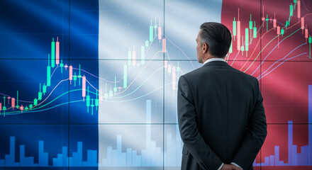 Poster - Businessman views financial charts displayed on a large screen showing stock market trends, representing market analysis and investment strategy in France