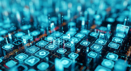 Poster - Abstract image of glowing blue app icons, creating a futuristic digital landscape, symbolizing technology, innovation, and the digital world