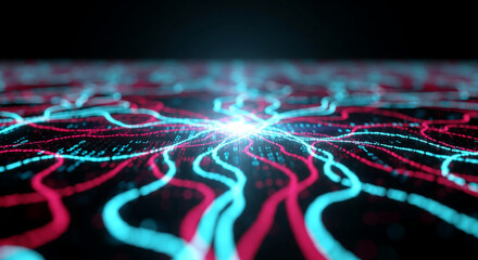 Poster - abstract digital background with glowing pink and cyan lines forming a network pattern, symbolizing 