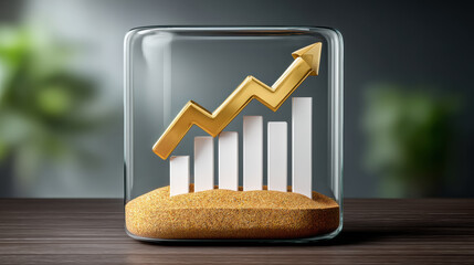 Poster - E commerce growth icon with rising golden arrow and white bar chart inside glass jar symbolizing business success and increasing sales trend