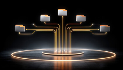 Poster - Digital folder icon with glowing lines connecting to circular platform representing e commerce data flow and icon design in futuristic style