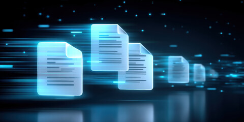 Poster - Digital e commerce icon showing fast document transfer with glowing file symbols in blue light speed motion