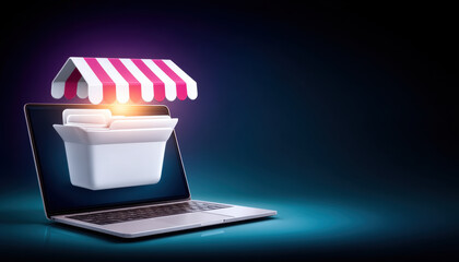 Poster - E commerce icon with laptop and shopping folder under striped awning symbolizing online store concept in digital business
