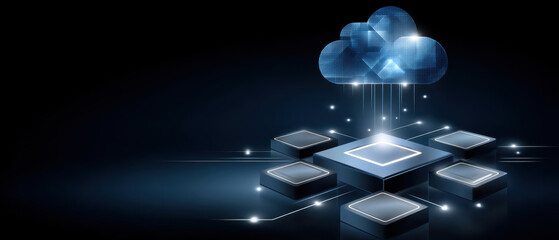 Poster - Cloud computing icon with e commerce data transfer concept showing digital cloud and microchip connection in dark background