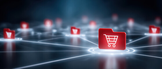 Poster - E commerce icon folder with shopping cart symbol connected in digital network representing online retail and internet shopping concept