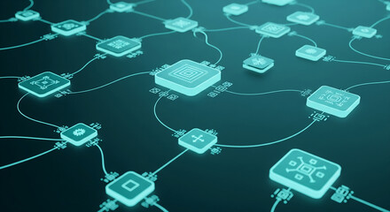 Fototapete - Abstract 3D rendering of a teal network, showing interconnected nodes and data flow, symbolizing technology, connectivity, and complex systems