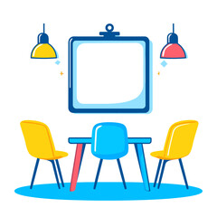 Poster - Brightly Colored Dining Set with Hanging Lamps and Blank Frame