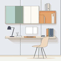 Poster - Minimalist Office Interior with Desk, Chair, and Overhead Storage in Pastel Colors.