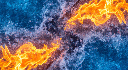 Aufkleber - Abstract image of orange flames and blue ice, contrasting textures creating a dynamic visual, symbolizing opposing forces, perfect for energy or conflict concepts