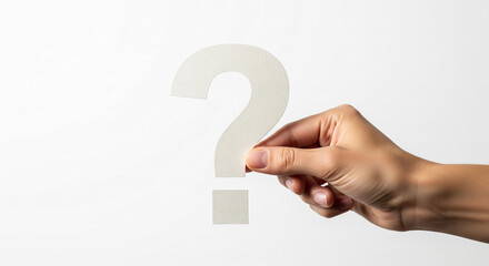 Poster - Hand holding off-white question mark and exclamation point, symbolizing inquiry, question, answer, or problem-solving concept